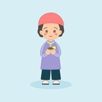 a cartoon boy holding a bowl of dates vector