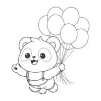 Cute panda floating with balloon in hand for coloring vector