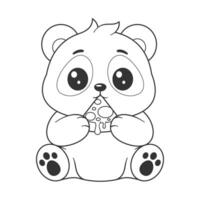 Cute panda eating a small piece of pizza for coloring vector