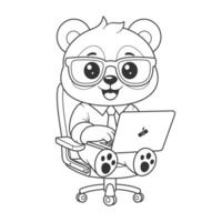 Cute panda sitting and working in front of a laptop for coloring vector