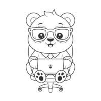 Cute panda is working in front of a laptop for coloring vector