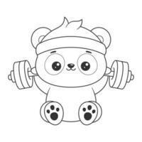 Panda sitting wearing a headband and lifting weights for coloring vector