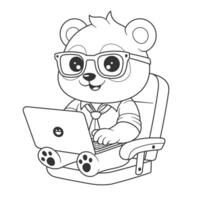 Panda sitting on a chair while playing on a laptop for coloring vector