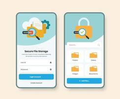Secure file storage app screen design with security and safety folder representative illustrations vector