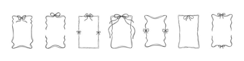 Set of rectangular vertical scroll ribbon frames with cute bows. Menu, bachelorette party, wedding, birthday, Christmas design elements. Coquette stile. Art nouveau motive. Crayon, charcoal drawing vector