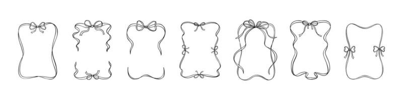 Set of aesthetic ribbon scroll rectangle frames. Cute line doodle scribble, squiggle drawings. Coquettish girly elegant style. Vedding, Christmas, valentines day, bachelorette party, menu design vector