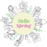 Hello Spring Flower Round Frame Border Card Template vector