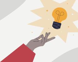 The palm of a hand reaching for a burning light bulb. A symbol of a new idea, innovation and creativity. vector