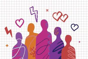 A group of bright abstract people standing together surrounded by hearts and lightning bolts. A symbol of love, unity, friendship, and tenderness. vector