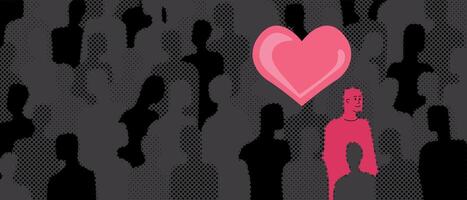 A minimalistic illustration of a gray faceless group of people surrounding a man in love. The metaphor of uniqueness, the ability to see the good around. vector