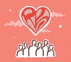 A minimalistic illustration depicting a group of people and a giant heart above them. A symbol of unity, hope and love. vector