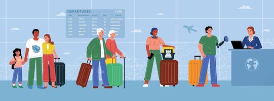 A queue of various people to check in at the airport, a man with a prosthesis, a single woman, a couple of pensioners, a family with a child. vector