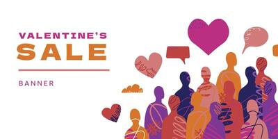 A bright and festive banner template with a crowd celebrating Valentine's Day. A group of abstract people of different colors and shapes surrounded by hearts and speech bubbles. vector
