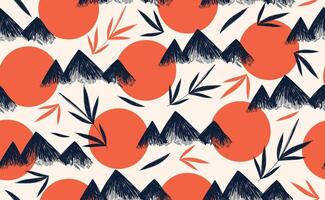 Japan landscape. Chinese seamless pattern in doodle style. Minimalist Japanese background with asian elements, simple texture. abstract illustration. vector