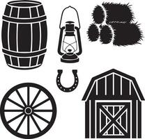 A design element set of wooden barrel, a haystack, a lantern, a wagon wheel, a horseshoe vector