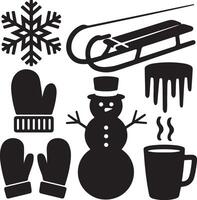 A set of design elements in silhouette style. There is a snowflake, sled, snowman, icicle, mittens, and a hot chocolate mug vector