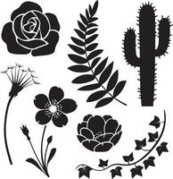 A illustration of a silhouette style design with the following elements a rose petal, a fern leaf, a cactus, a dandelion, a cherry blossom, and an ivy vine vector