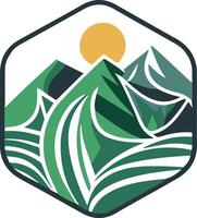 A unique flat color illustration logo of nature with mountain and sun in side pentagon shape . vector
