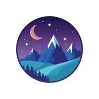 Mountains and trees at night with a moon and stars vector