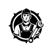 A black and white image of a man holding a wrench vector