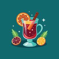 Mulled wine with orange slices and spices vector
