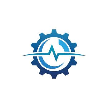 A blue and white logo with gears and an arrow vector