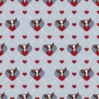 Seamless pattern of small chihuahua dogs with hearts on a blue and gray background vector