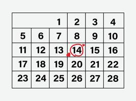 14th February Mark Calendar. The Calendar with the Marked date of February 14 Valentine's day. Calendar Page The Month Of February. Happy Valentine Day. vector