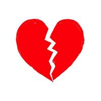 Red broken heart with jagged crack in simple hand-drawn style on white background, symbolizing heartbreak and emotional pain. vector