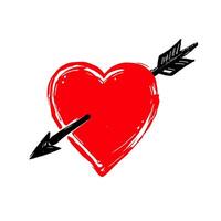 Illustration of a red heart pierced by a black arrow, drawn with a sketchy graphic style on a white background, symbolizing love. Valentine's day illustration. vector