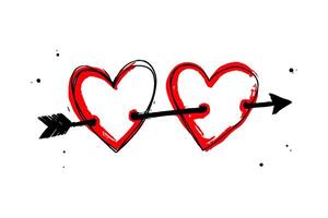 Two red hearts sketched in red and black, pierced by a black arrow, on a white background. Symbol of love and connection. Valentine's day illustration. vector