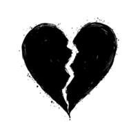 Black broken heart illustration with brush stroke details, grunge texture on white background, symbolizing heartbreak and sorrow. Valentine's day illustration. vector