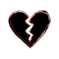 Stylized broken heart symbol with bold black and red outlines on a white background, expressing heartbreak and sadness. Valentine's day illustration. vector