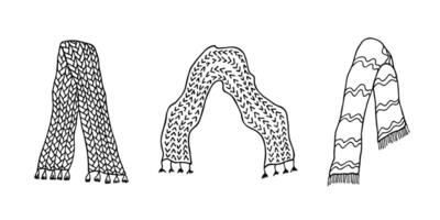 Knitted scarf doodle set Hand drawn winter accessories Single design element for card, print, design, decor 3 vector