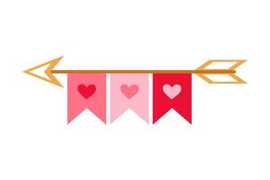 Golden arrow. Arrow icon with flags and hearts. Direction, path. Flat illustration on white background. vector