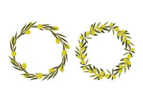 Green olive wreath. Round foliated frame with olives. Plant wreaths. Space for Text, photo. Card template for Wedding, Invitation, Greeting. Tree branches. vector