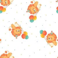 Seamless pattern in simple child style for birthday party. Cute lion cub in a cap and with inflatable balloons vector