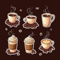 Coffee illustration bundle with steaming cups, beans, and takeaway coffee cups on a dark brown background vector
