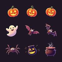 Cute Halloween bundle illustration with pumpkins, bats, cauldrons, and ghost on black background vector