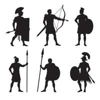 Ancient Fighters with Shields, Bows, and Spears Featured in a Historical Silhouette Bundle for Artistic and Creative Designs vector