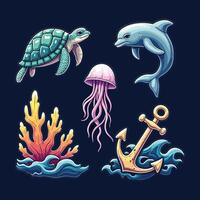 Aquatic life bundle with a turtle, dolphin, jellyfish, coral reefs, anchor, waves, and marine elements on a dark background vector