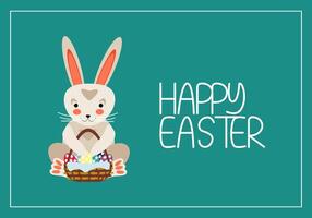 Easter bunny sitting with basket of colorful eggs - postcard vector