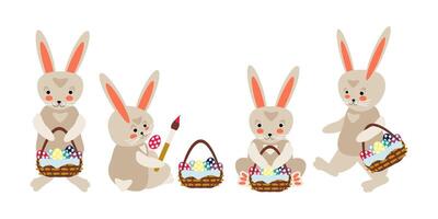 Set of easter cartoon bunnies with baskets of colorful eggs vector