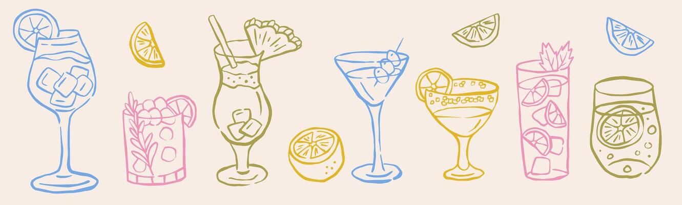Cocktails alcoholic martini, aperol spritz in ink doodle style. Hand drawn collection of drink. Italian style wedding dinner icons.