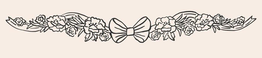 Drawn floral botany with bow line in ink doodle style. Outline flower and plant stroke. Charming element for greeting card and frame vector