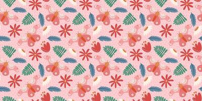Seamless Butterfly and Floral Pattern with Hand-Drawn Botanical Motifs in Vibrant Colors on Light Pink Background Ideal for Fabric, Wrapping Paper, and Digital Design vector