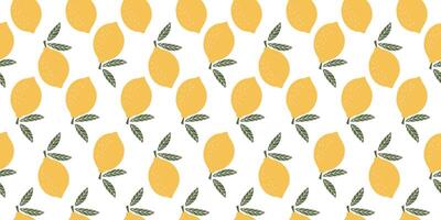 Seamless pattern with yellow lemons and green leaves on a white background. Repeating citrus fruit design for textile, wallpaper, wrapping paper, and print vector