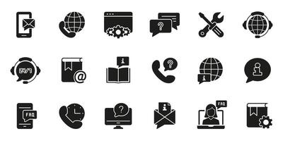 Customer Support Tools Silhouette Icon Set. Global Communication, FAQ, Online Assistance Glyph Symbol Collection. Isolated Illustration vector