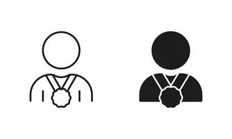 Best Quality Award, Win Certificate Line and Silhouette Icon. Winner with Medal Pictogram. Man Leader Sign. Editable Stroke. Isolated Illustration vector
