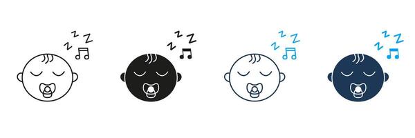 Sleeping Baby with Pacifier Line and Silhouette Icon Set. Infant with Lullaby and ZZZ Sign Symbol. Editable Stroke. Isolated Illustration vector
